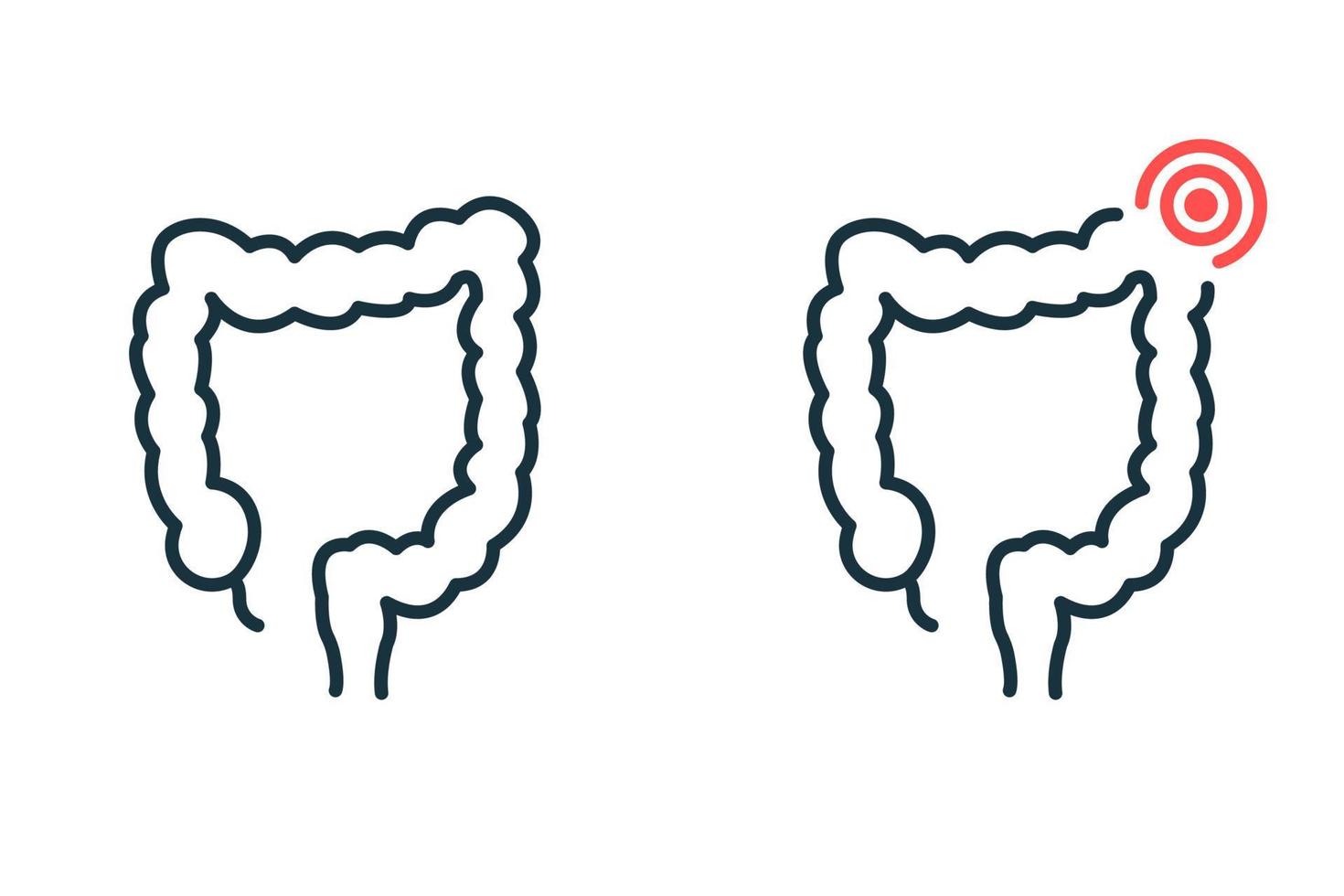 icono de línea de colon sano y enfermo. icono del contorno del intestino enfermo. salud, enfermedad pictograma del intestino grueso. diarrea, disbiosis, concepto de dolor de estómago. ilustración vectorial aislada. vector