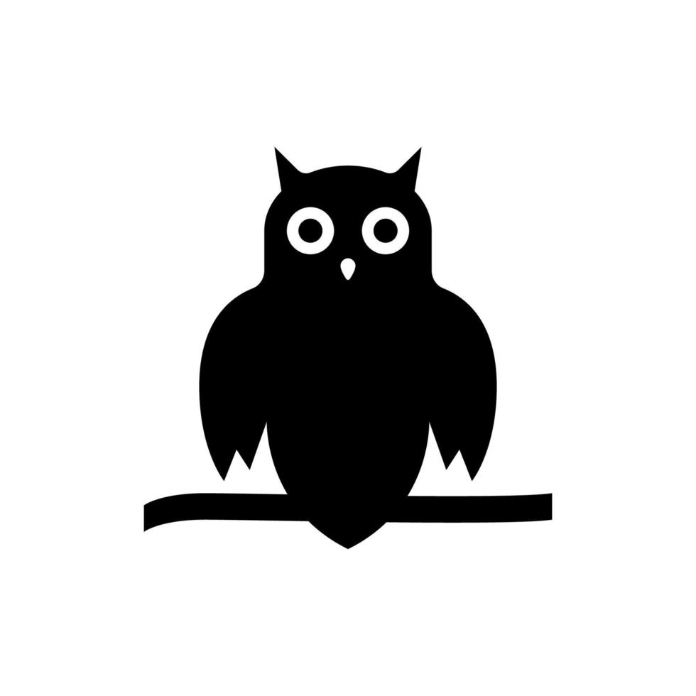 Spooky Black Owl with Round Eyes Silhouette Icon. Cute Wise Night Bird Sitting on Tree Branch Glyph Pictogram. Owl Symbol of Halloween and Wisdom Icon. Isolated Vector Illustration.