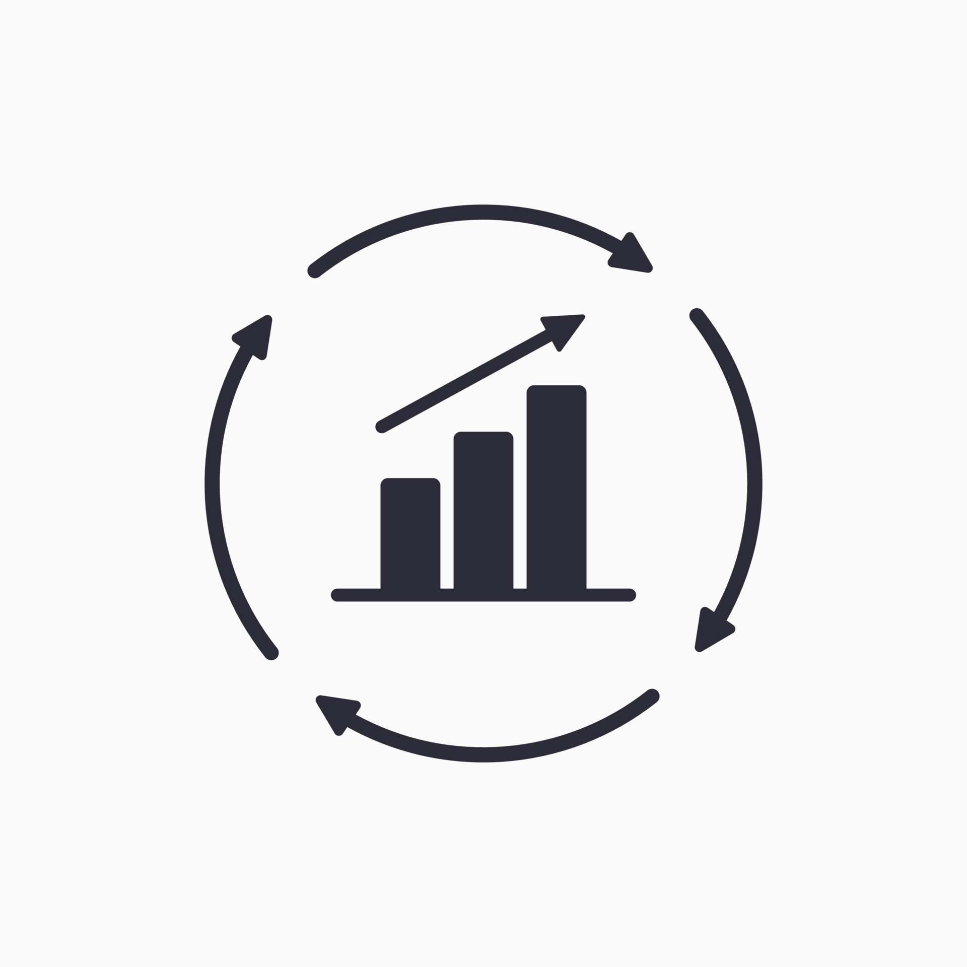 Growth chart with circular arrows icon. Continuous growth line icon