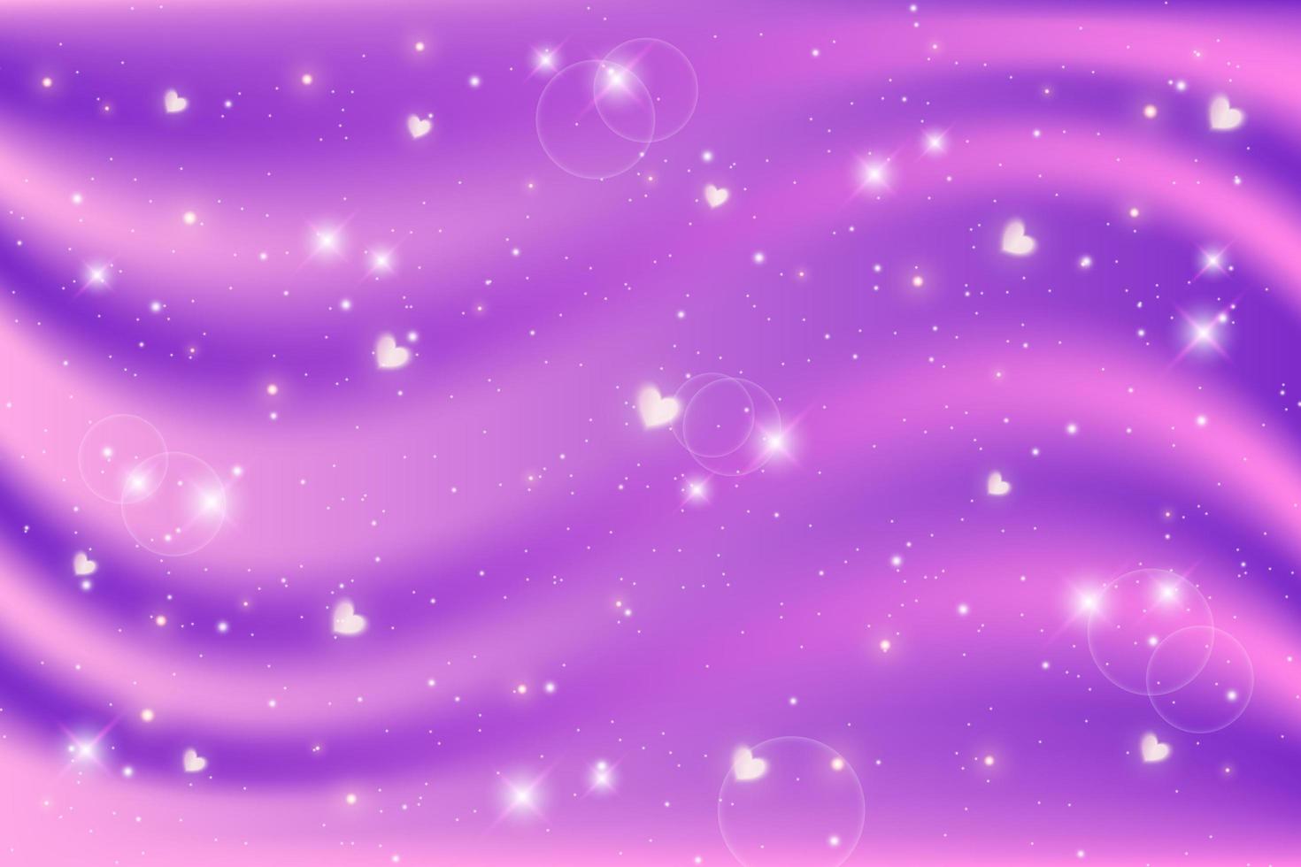 lindo fondo femenino de dibujos animados. ondas lilas con bokeh y corazones para la decoración del día de san valentín. fondo de fantasía. vector. vector
