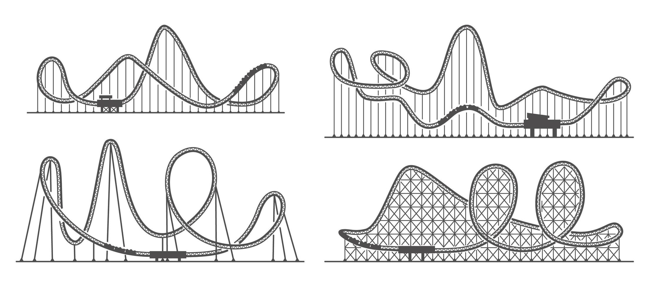 conjunto de siluetas de montaña rusa. pista de paseo en el parque de atracciones. atracción aterradora. ilustración de contorno vectorial vector