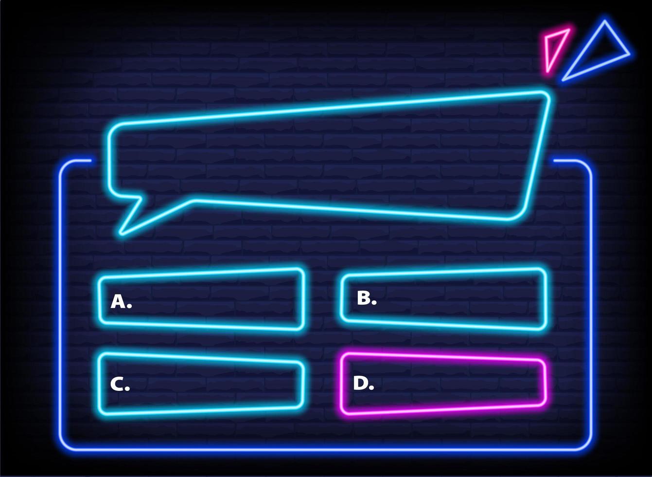 Neon quiz game template. Four options answers for knowledge exam in school, tv show. Vector Illustration 10 eps