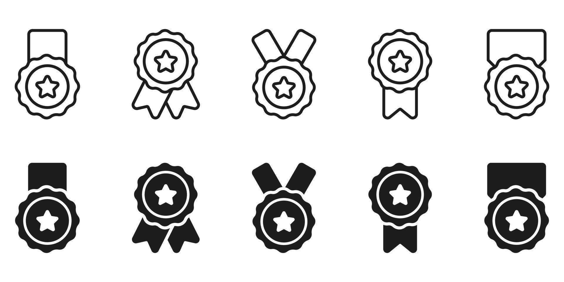 Set of Black Silhouette and Line Medals with Ribbon and Stars. Rewards for Sport Champion on White Background. Round Outline Award Collection for Winner of Competition. Isolated Vector Illustration.