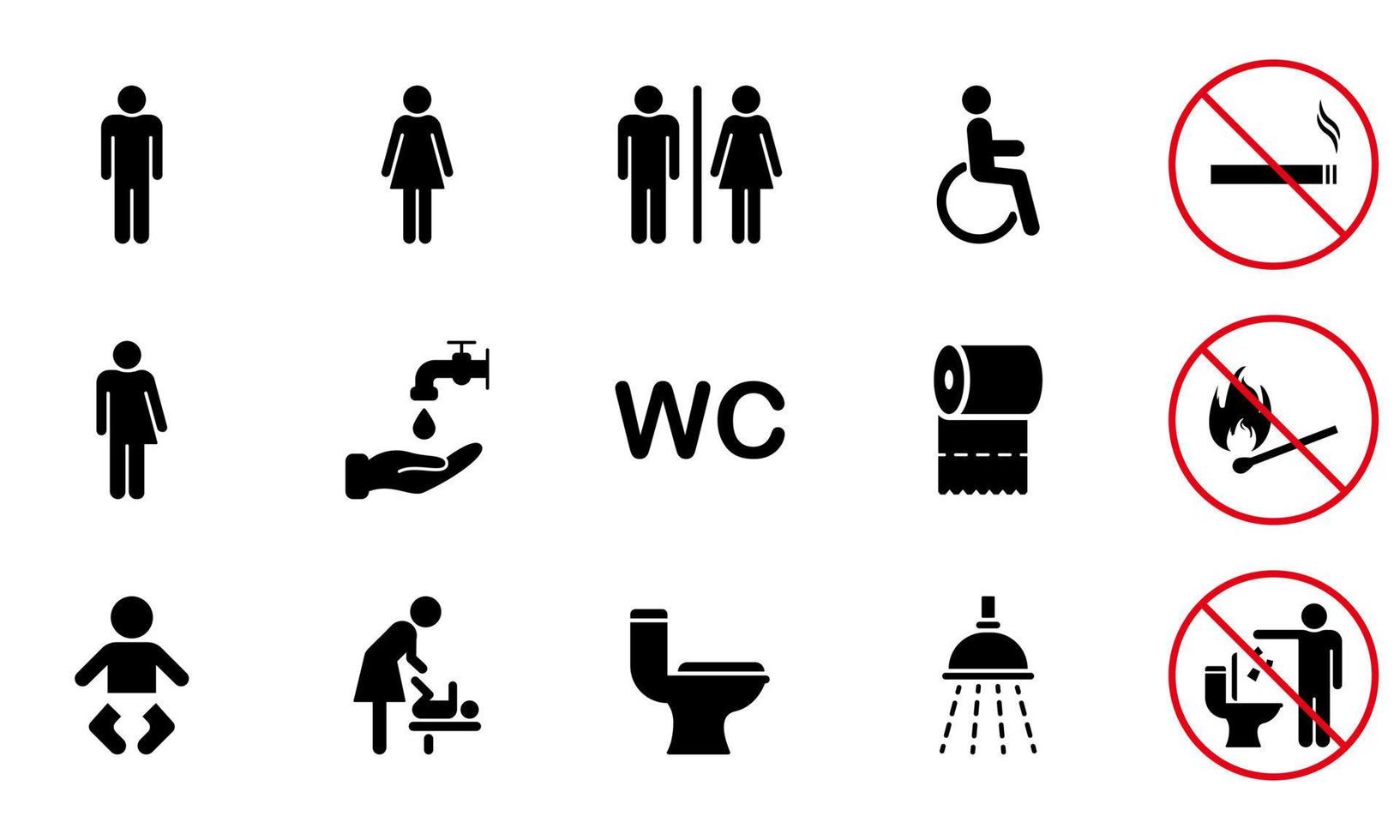 Set of WC Icon. No smoking Sign. Restroom, Bathroom Icon. Toilet Room Silhouette Pictogram. Mother and Baby Room. Public Washroom for Male, Female, Transgender, Disabled. Vector Illustration.