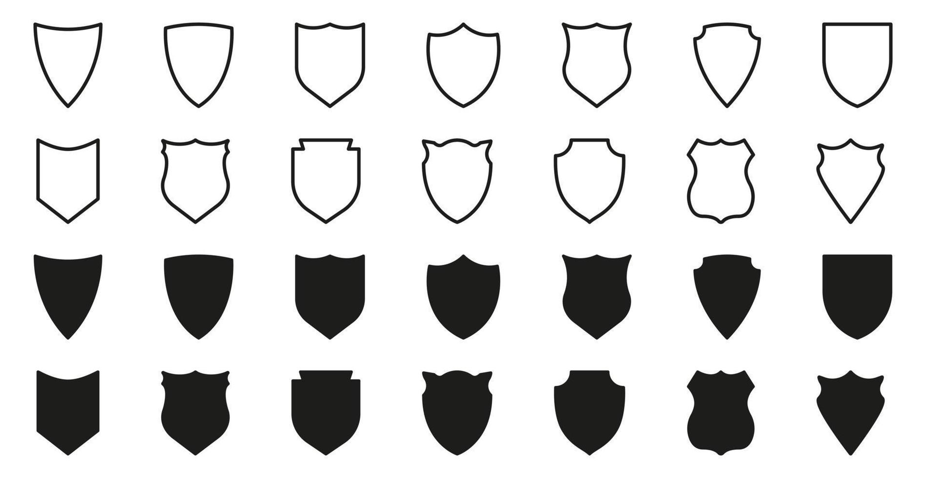 Shield Line and Silhouette Icon Set. Sign of Safety, Defence, Safe Pictogram. Guard Defense Emblem Collection Icon. Antivirus Protect Badge. Isolated Vector Illustration.