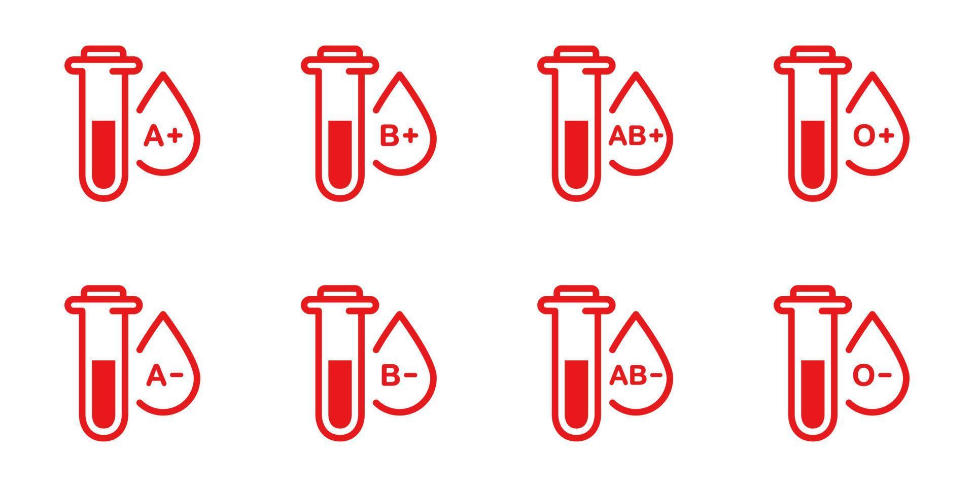grupo de sangre en el pictograma de silueta de tubo de vidrio de prueba. muestra de icono de tipo de sangre. positivo y negativo o, a, b, ab tipos de conjunto de signos de sangre. colección de gotas de plasma rojo. ilustración vectorial aislada. vector