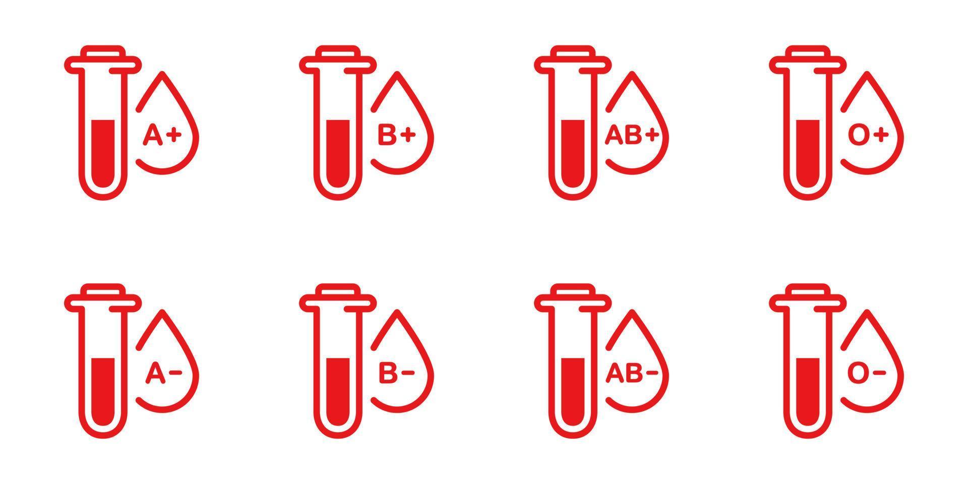 Group of Blood in Test Glass Tube Silhouette Pictogram. Sample of Blood Type Icon. Positive and Negative O, A, B, AB Types of Blood Sign Set. Red Plasma Drops Collection. Isolated Vector Illustration.