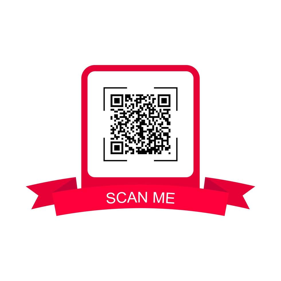 Red frame with ribbon for qr code. Creative concept qr code. Scan me