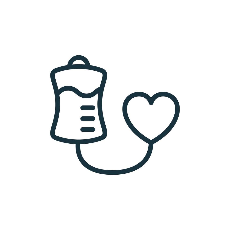 Blood Donation Bag with Heart Linear Icon. Concept of Transfusion Blood. Symbol of Support, Volunteer, Charity and Donation Organization. World Donor Day. Vector illustration.