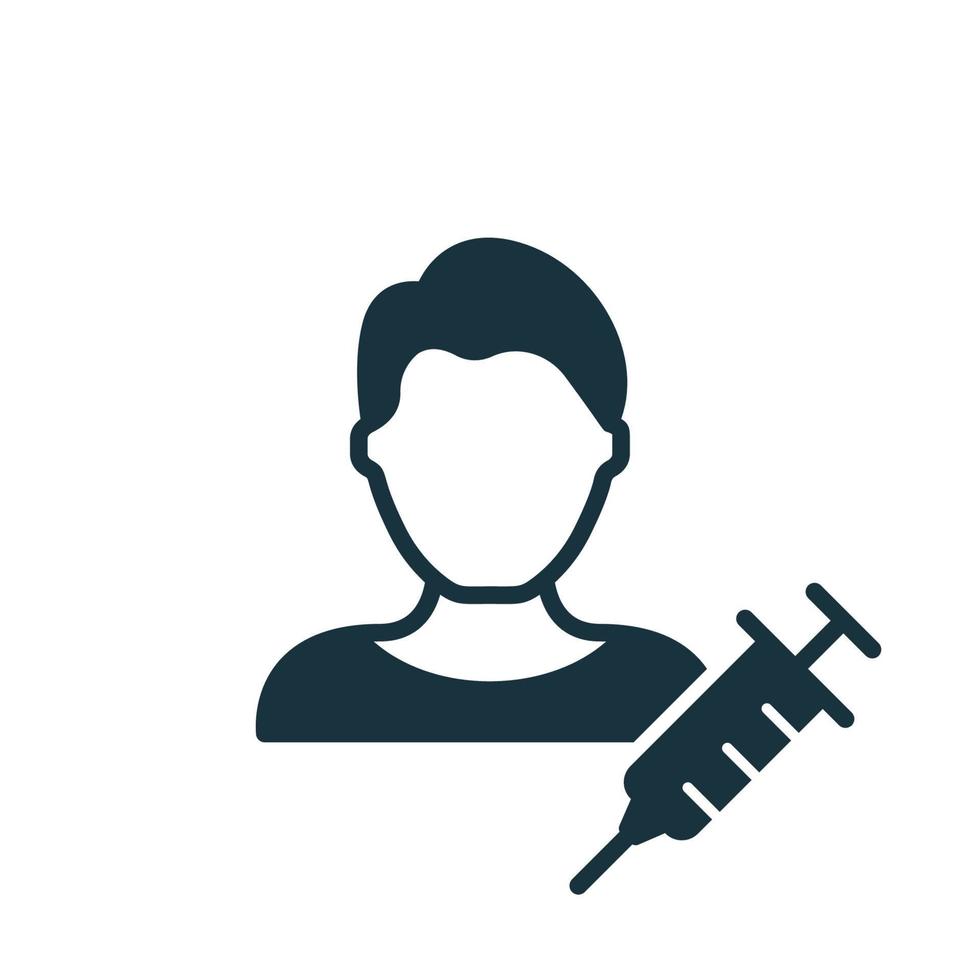 Vaccine Injection for Men. Syringe and Man Silhouette icon. Coronavirus vaccination for boy. Vector illustration.