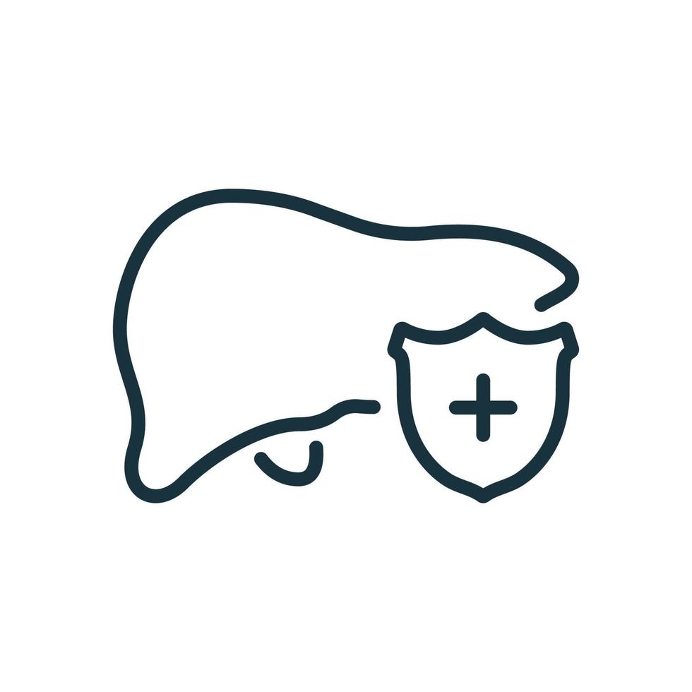 Protection of Human Liver. Shield and Healthy Liver Outline Icon. Internal Organ Linear Pictogram. Isolated Vector Illustration.