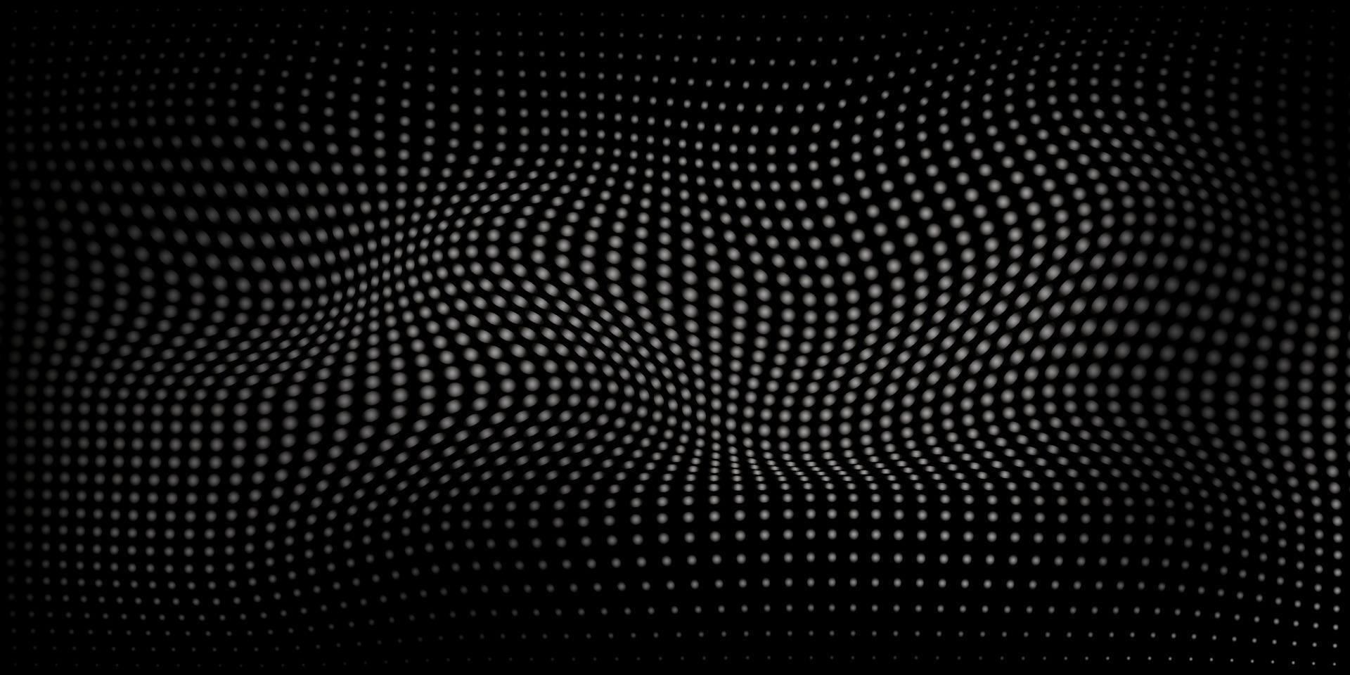 Futuristic Digital Wave of Particles on Dark Black Background. Wave Halftone Dark Black Pattern. Template with Dots Optical Illusion. Abstract Modern Design. Vector Illustration.