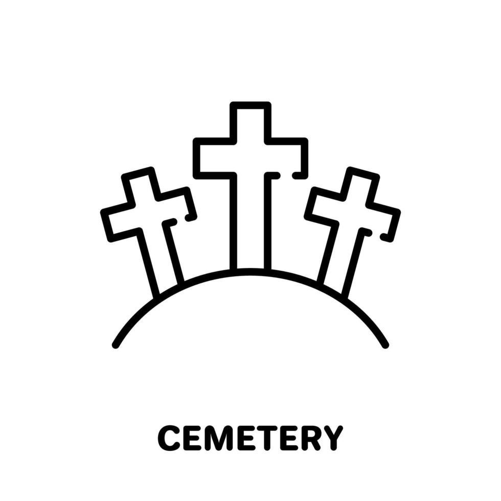 Cemetery with Tombstone and Cross Line Icon. Gravestone, Tomb, Tombstone Linear Pictogram. Graveyard Spooky Halloween Symbol Outline Icon. Editable Stroke. Isolated Vector Illustration.