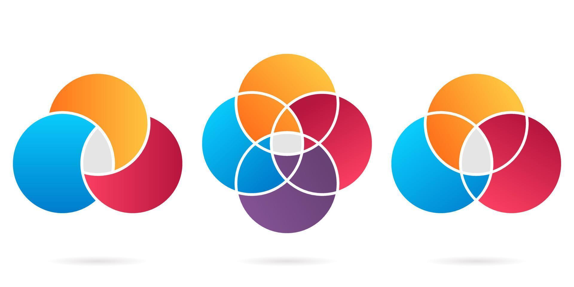 Venn Diagram Color Round Set. Three, Four Intersected Circle Infographic. 3, 4 Circles Chart Concept. Diagram Venn. Circular Empty Schema. Framework Business Graphic. Isolated Vector Illustration.