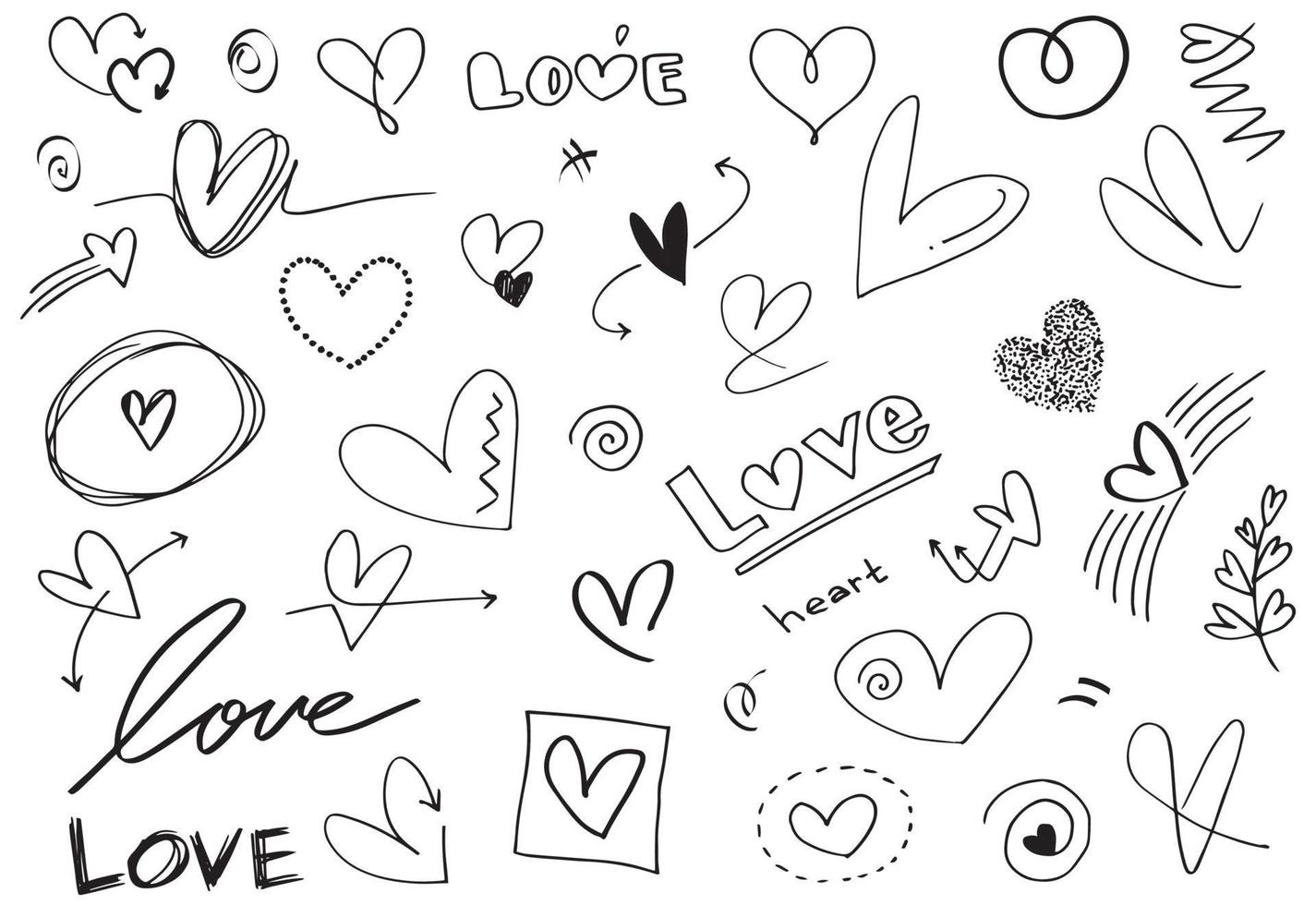 Abstract arrows, ribbons, crowns, hearts, explosions and other elements in hand drawn style for concept design. Doodle illustration. Vector template for decoration
