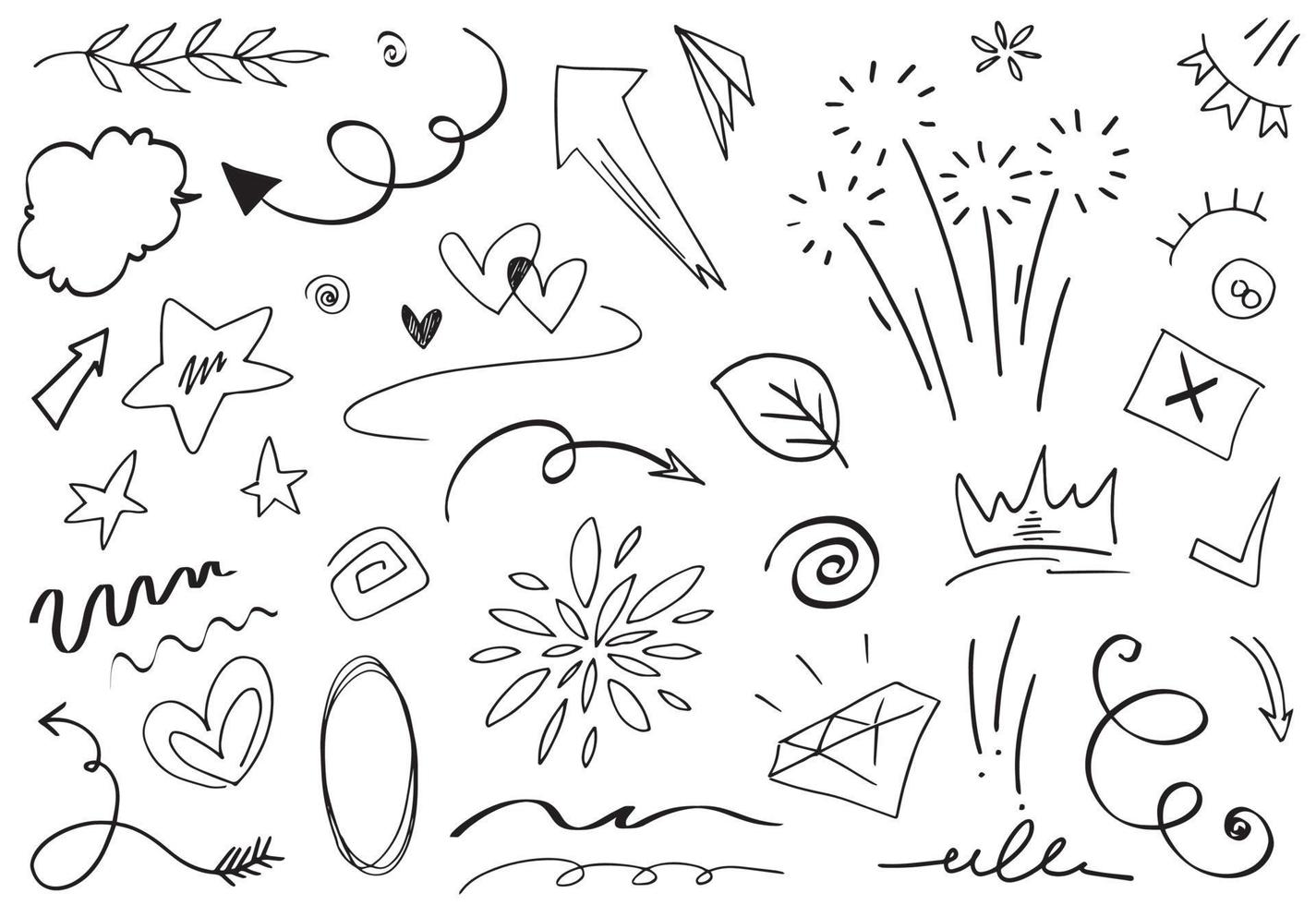 Abstract arrows, ribbons, crowns, hearts, explosions and other elements in hand drawn style for concept design. Doodle illustration. Vector template for decoration