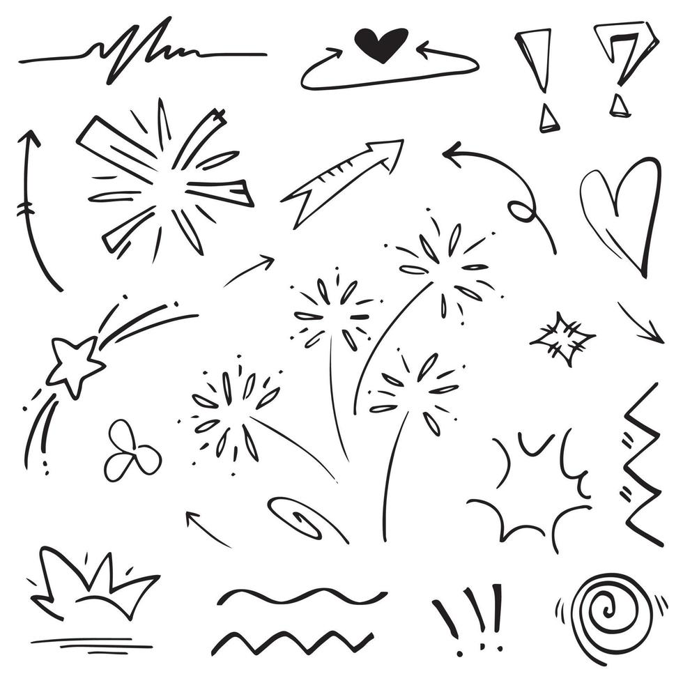 Abstract arrows, ribbons, crowns, hearts, explosions and other elements in hand drawn style for concept design. Doodle illustration. Vector template for decoration