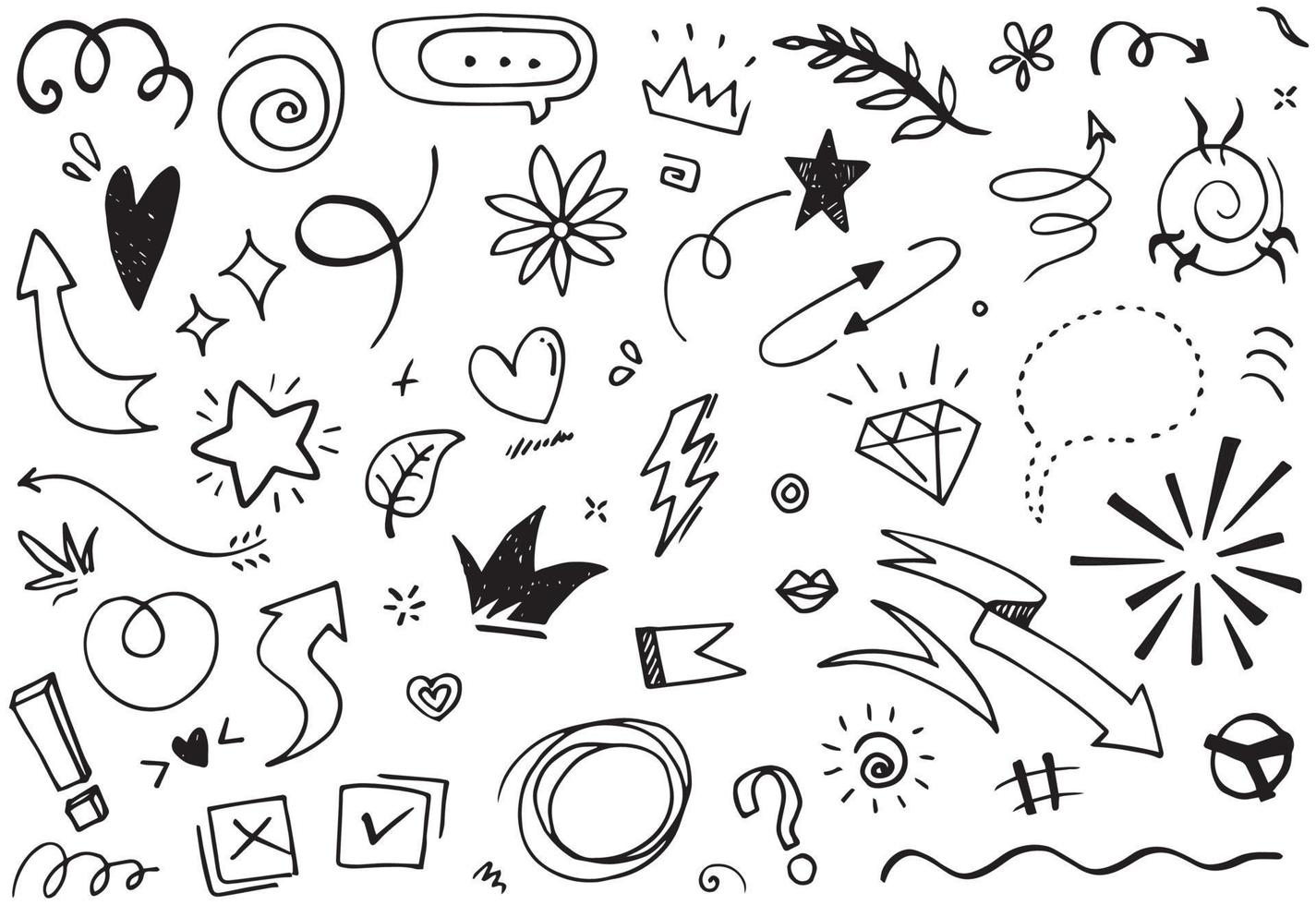 Abstract arrows, ribbons, crowns, hearts, explosions and other elements in hand drawn style for concept design. Doodle illustration. Vector template for decoration