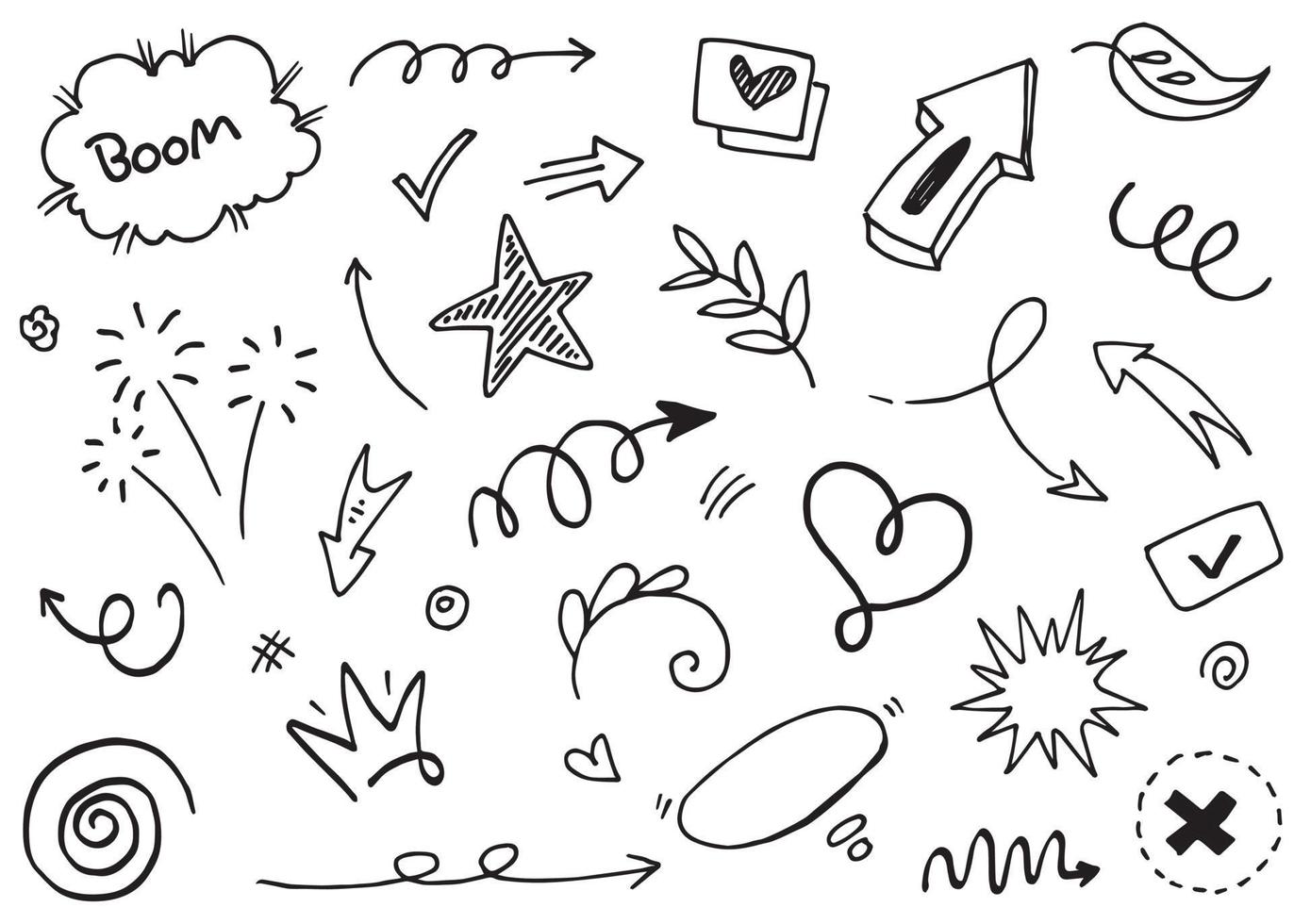 Abstract arrows, ribbons, crowns, hearts, explosions and other elements in hand drawn style for concept design. Doodle illustration. Vector template for decoration