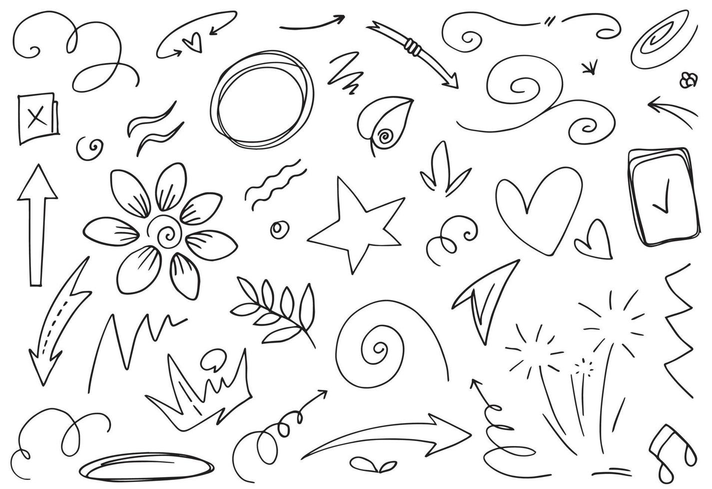 Abstract arrows, ribbons, crowns, hearts, explosions and other elements in hand drawn style for concept design. Doodle illustration. Vector template for decoration