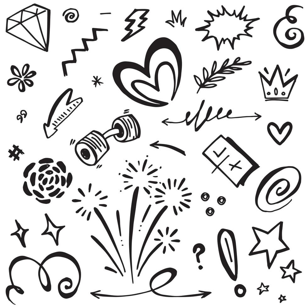 Abstract arrows, ribbons, crowns, hearts, explosions and other elements in hand drawn style for concept design. Doodle illustration. Vector template for decoration