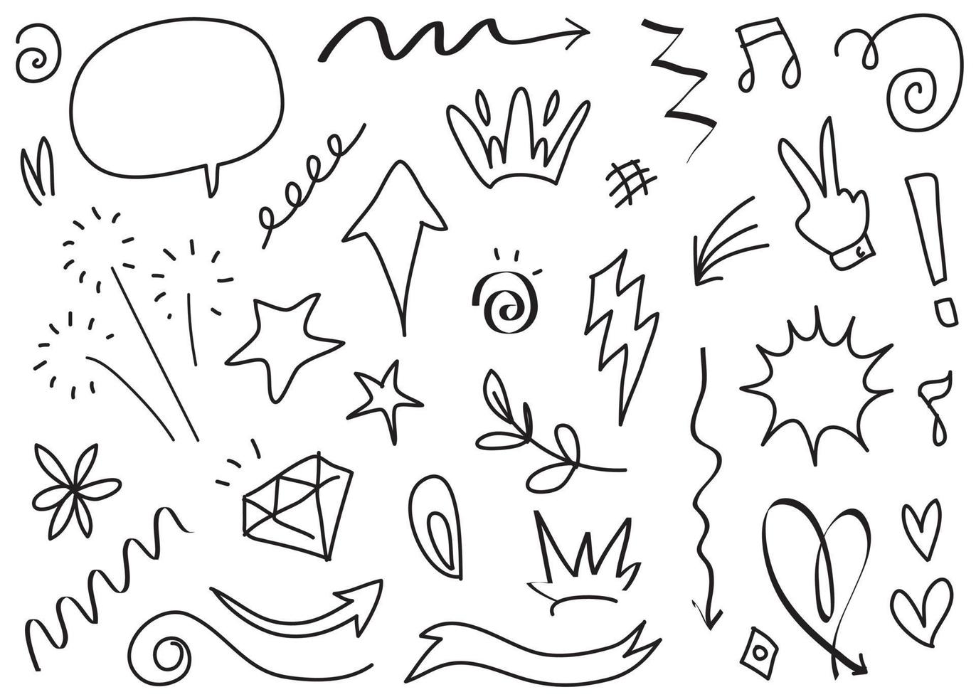 Abstract arrows, ribbons, crowns, hearts, explosions and other elements in hand drawn style for concept design. Doodle illustration. Vector template for decoration