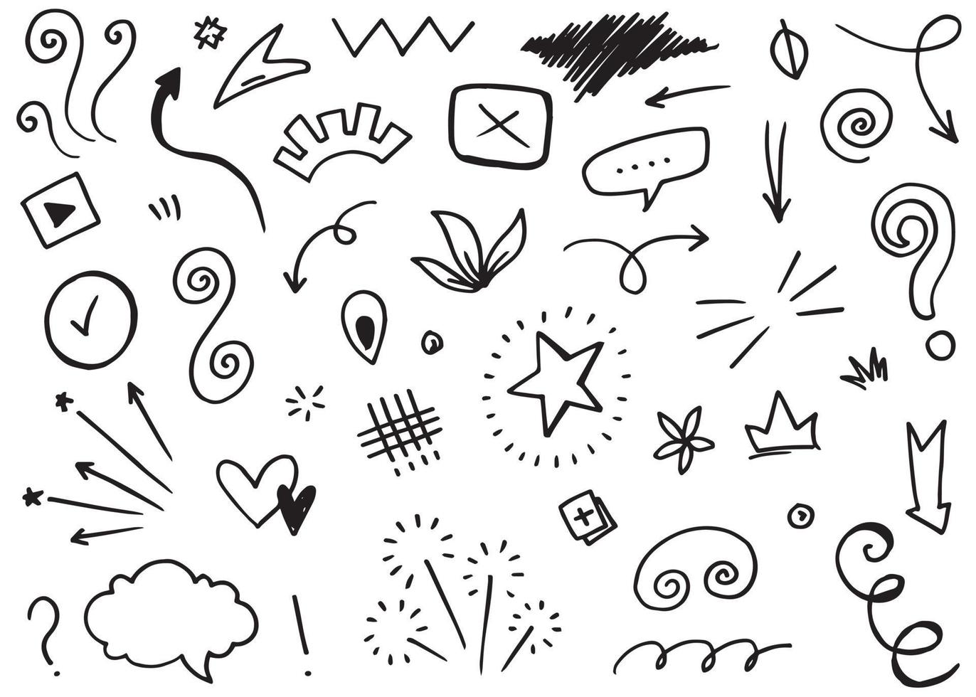 Abstract arrows, ribbons, crowns, hearts, explosions and other elements in hand drawn style for concept design. Doodle illustration. Vector template for decoration