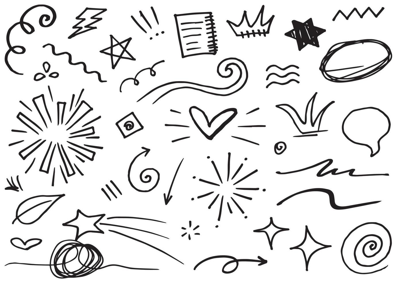 Abstract arrows, ribbons, crowns, hearts, explosions and other elements in hand drawn style for concept design. Doodle illustration. Vector template for decoration