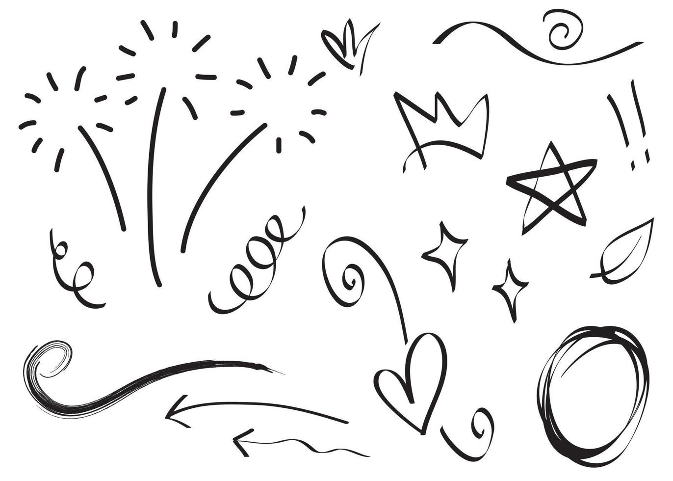 Abstract arrows, ribbons, crowns, hearts, explosions and other elements in hand drawn style for concept design. Doodle illustration. Vector template for decoration