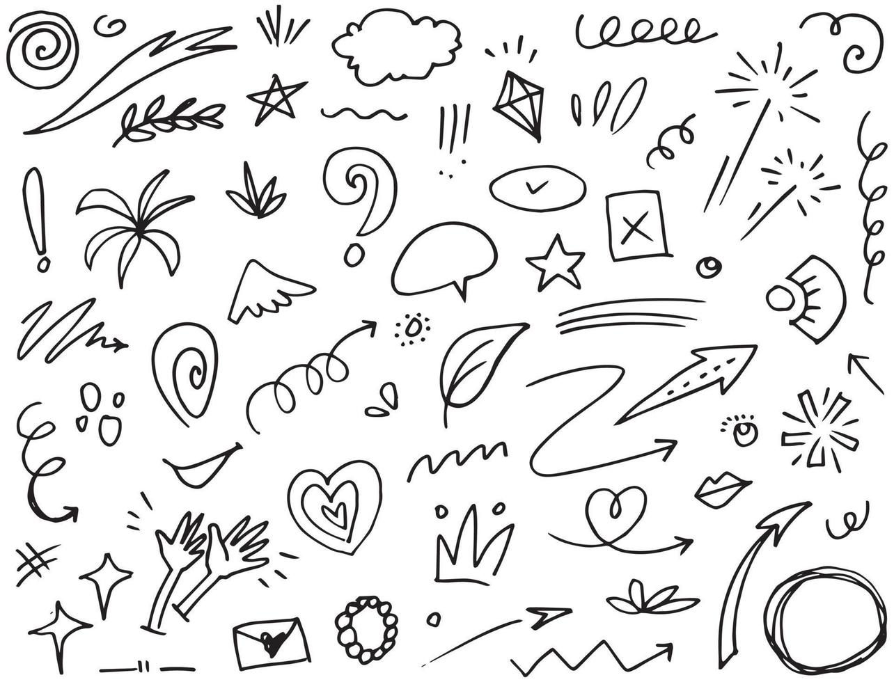 Abstract arrows, ribbons, crowns, hearts, explosions and other elements in hand drawn style for concept design. Doodle illustration. Vector template for decoration