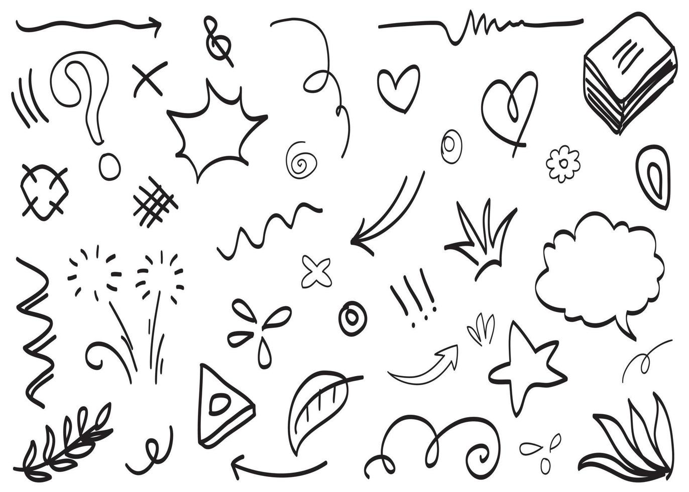 Abstract arrows, ribbons, crowns, hearts, explosions and other elements in hand drawn style for concept design. Doodle illustration. Vector template for decoration