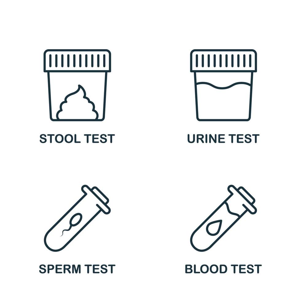 Stool, Urine, Sperm, Blood Test Set Line Icon. Sample for Laboratory Research Linear Pictogram. Medical Exam of Blood, Feces, Semen, Urine Outline Icon. Isolated Vector Illustration.