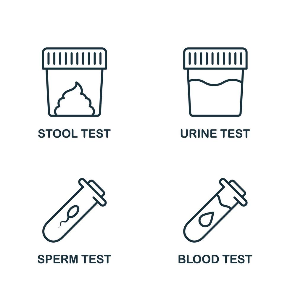 heces, orina, esperma, icono de línea de conjunto de análisis de sangre. muestra para pictograma lineal de investigación de laboratorio. examen médico de sangre, heces, semen, icono de contorno de orina. ilustración vectorial aislada. vector