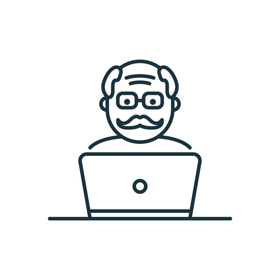 Old Senior Man Influencer Line Icon. Positive Retired Blogger Creating Content Linear Pictogram. Elder Person with Computer Outline Icon. Isolated Vector Illustration.