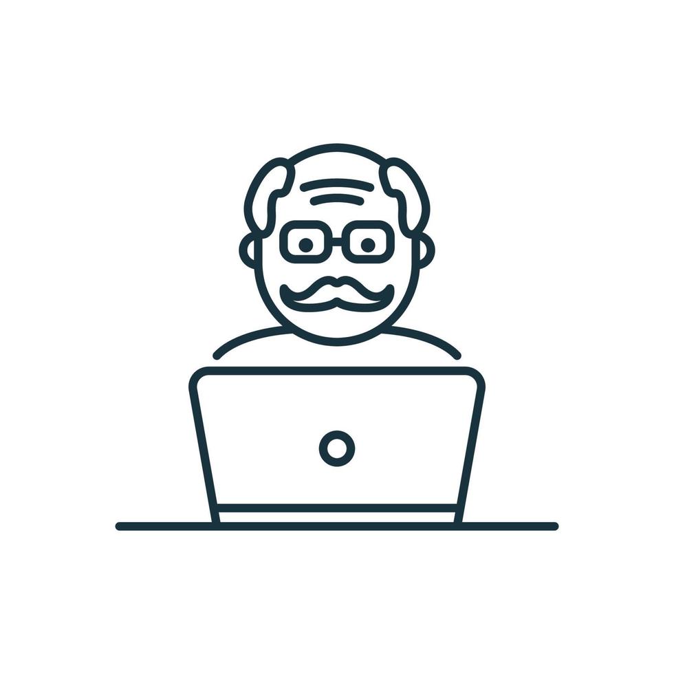 Old Senior Man Influencer Line Icon. Positive Retired Blogger Creating Content Linear Pictogram. Elder Person with Computer Outline Icon. Isolated Vector Illustration.