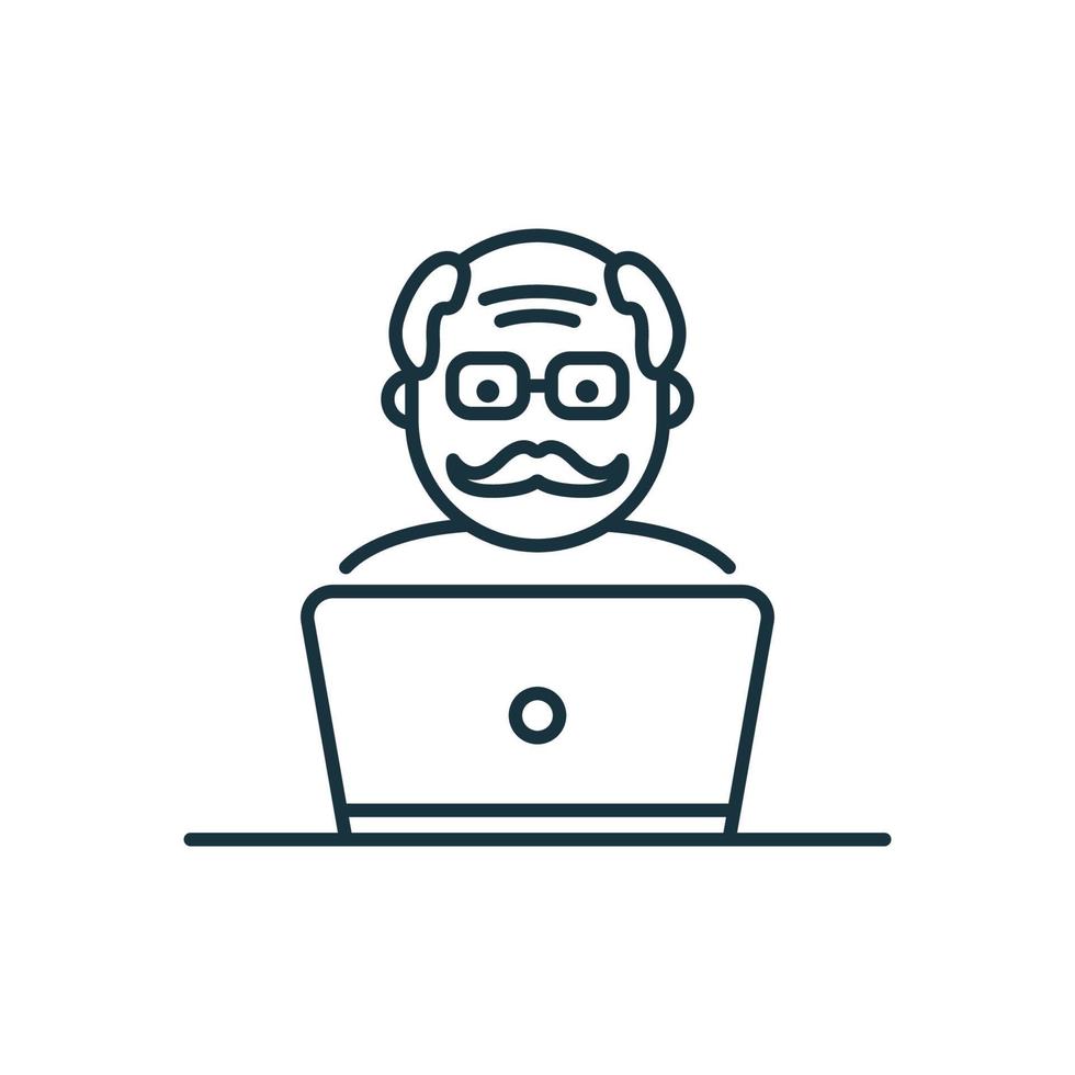 viejo icono de la línea de influencia del hombre mayor. blogger jubilado positivo que crea un pictograma lineal de contenido. persona mayor con icono de esquema de computadora. ilustración vectorial aislada. vector