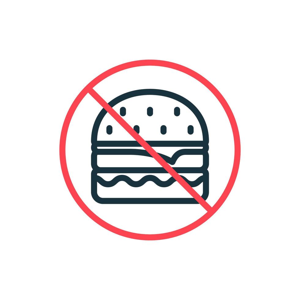 icono de línea de alimentos prohibidos poco saludables. prohibición de comer aquí pictograma lineal. concepto de hamburguesa de prohibición con icono de esquema de señal de stop. No permitas comida. ilustración vectorial aislada. vector