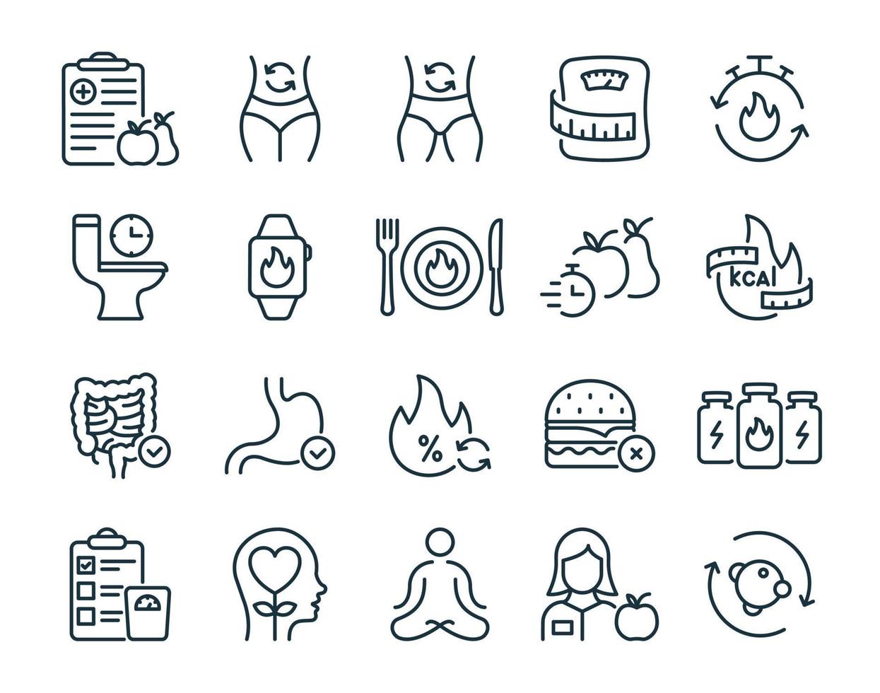 Metabolism Set Line Icon. Good Nutrition and Burn Calories Concept Linear Pictogram. Weight Control and Body Care Outline Icon. Isolated Vector Illustration.