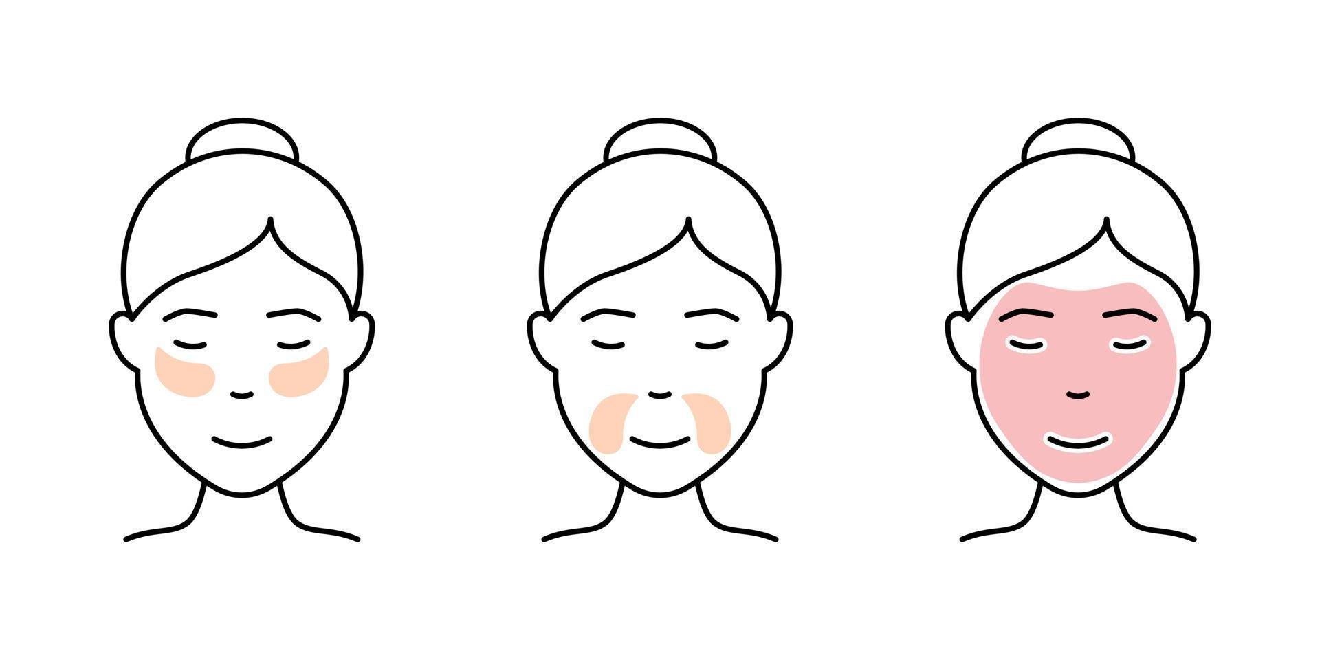 mujer con parche de gel ocular e icono de línea de máscara. parche debajo de los ojos y la boca, pictograma lineal de máscara de belleza facial. icono de procedimiento antienvejecimiento cosmético facial. ilustración vectorial aislada. vector