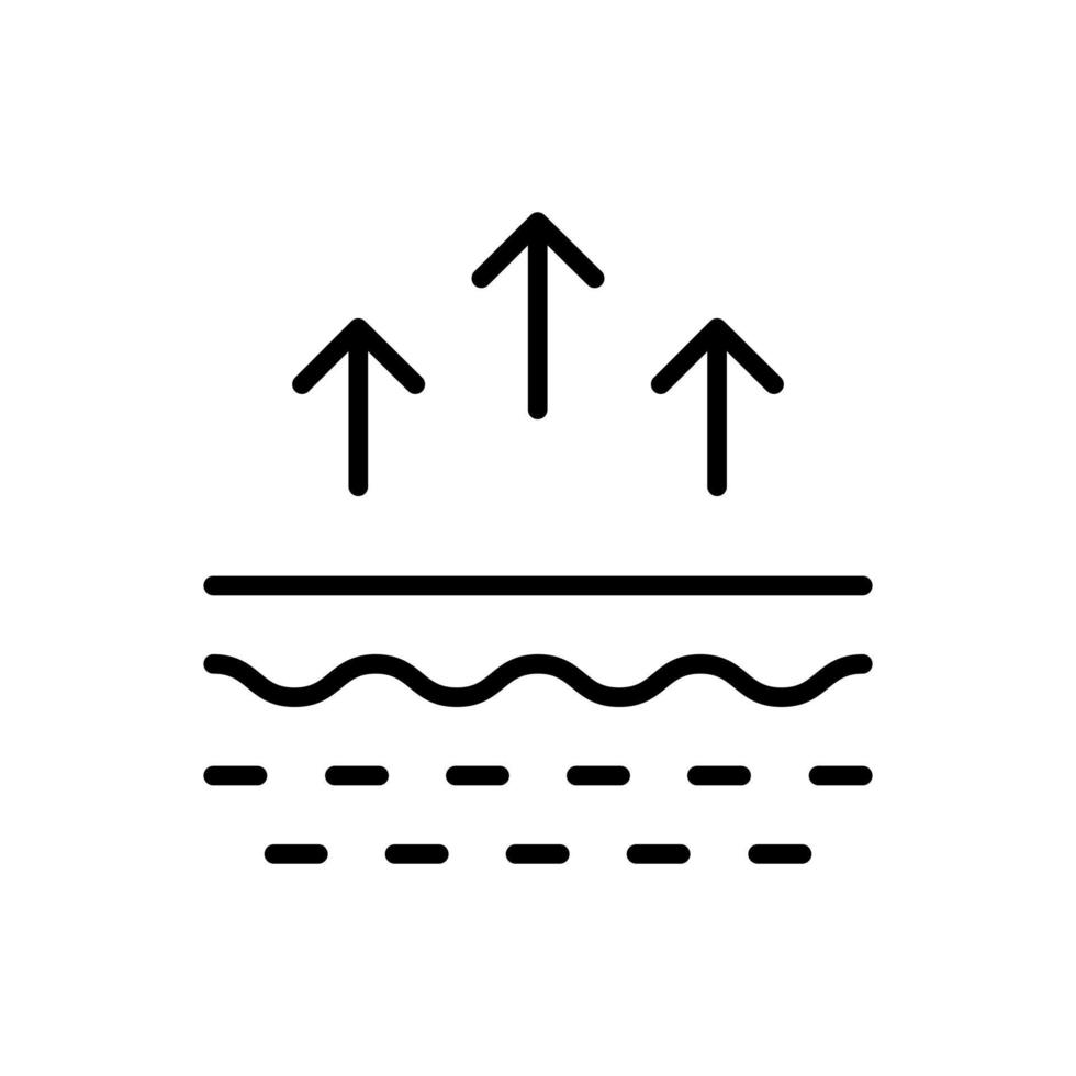 evaporación de la humedad del icono de la línea de la piel. pictograma de pérdida de agua en la piel. estructura de la piel y flechas hacia arriba proceso de absorción de humedad, icono de contorno del concepto de olor de la piel. ilustración vectorial aislada. vector