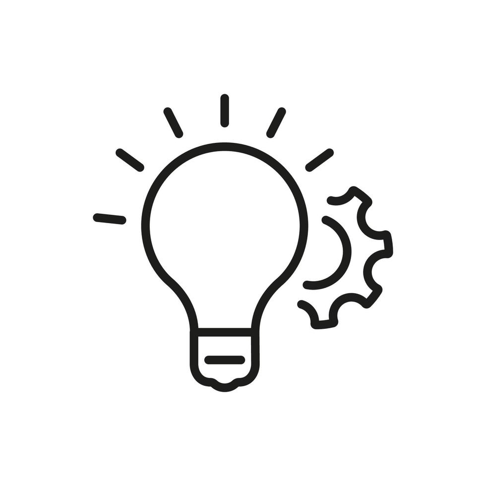 Lightbulb and Gear Idea Concept Line Icon. Technology Innovation Light Bulb, Cog Wheel Linear Pictogram. Creativity Solution Outline Icon. Brain Power. Isolated Vector Illustration.