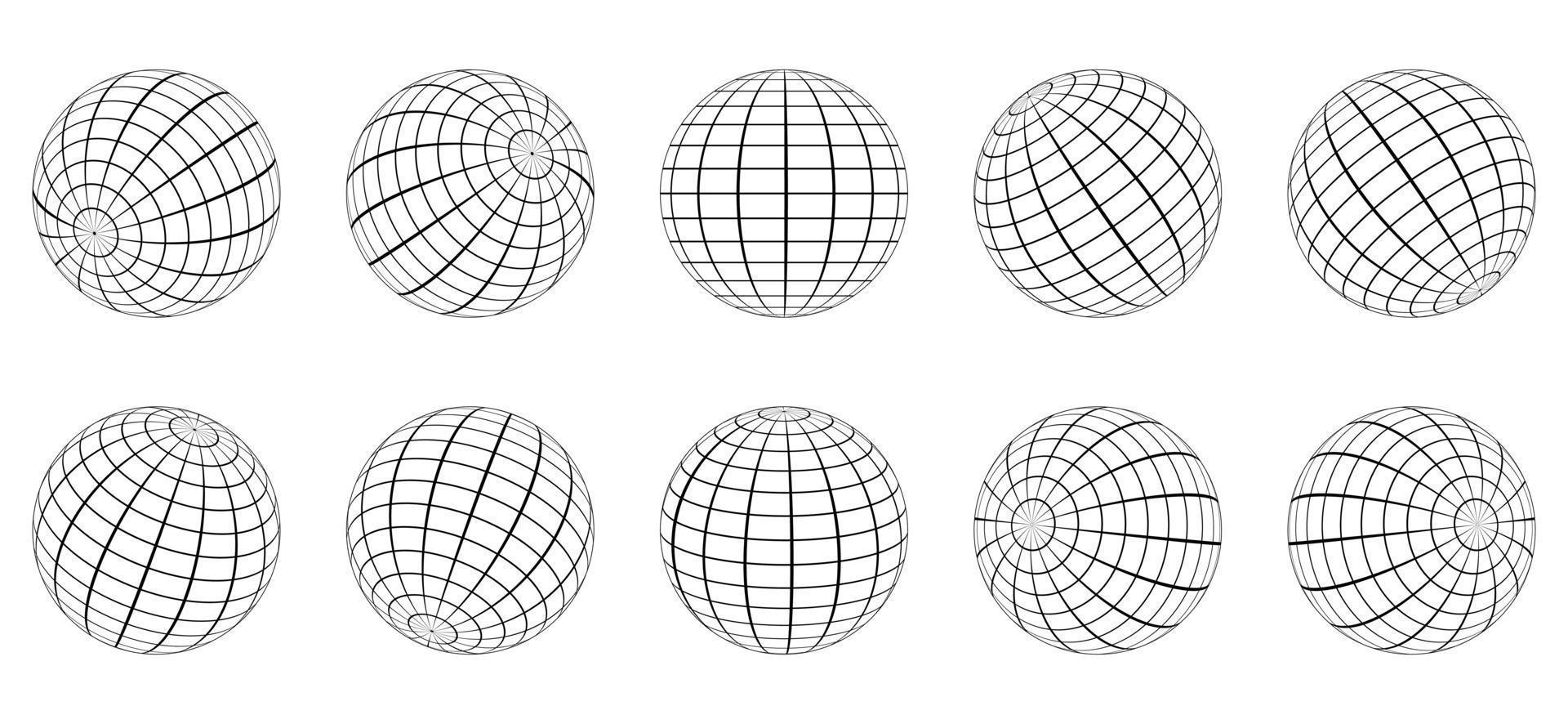 Globe Grid Sphere Set. 3D Wire Global Earth Latitude, Longitude. Geometric Grid Globe. Round Grid Mesh Ball. Wired Line 3D Planet Globe. Wireframe Globe Surface. Isolated Vector Illustration.