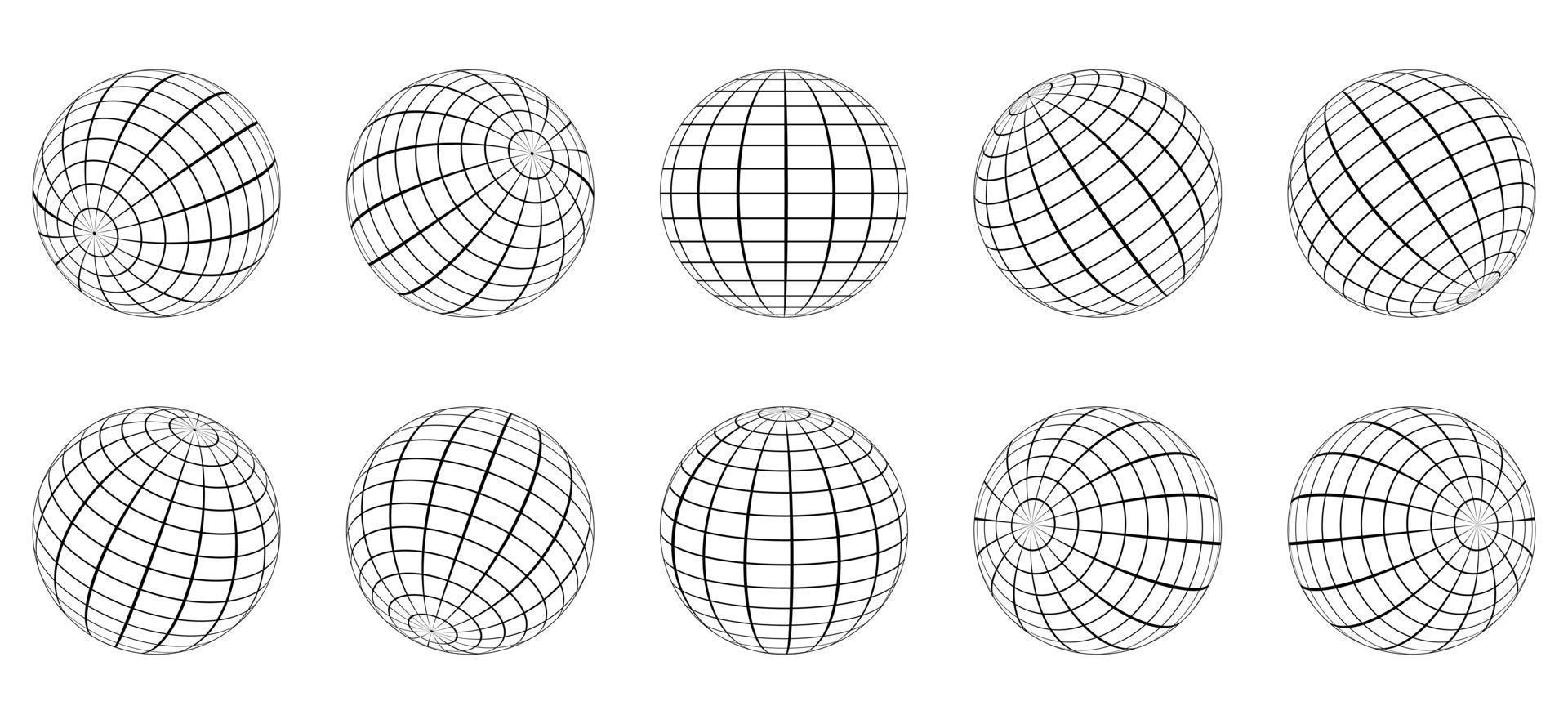 conjunto de esfera de cuadrícula de globo. Latitud de la tierra global del alambre 3d, longitud. globo de cuadrícula geométrica. bola de malla de rejilla redonda. línea alámbrica 3d planeta globo. superficie del globo de estructura metálica. ilustración vectorial aislada. vector