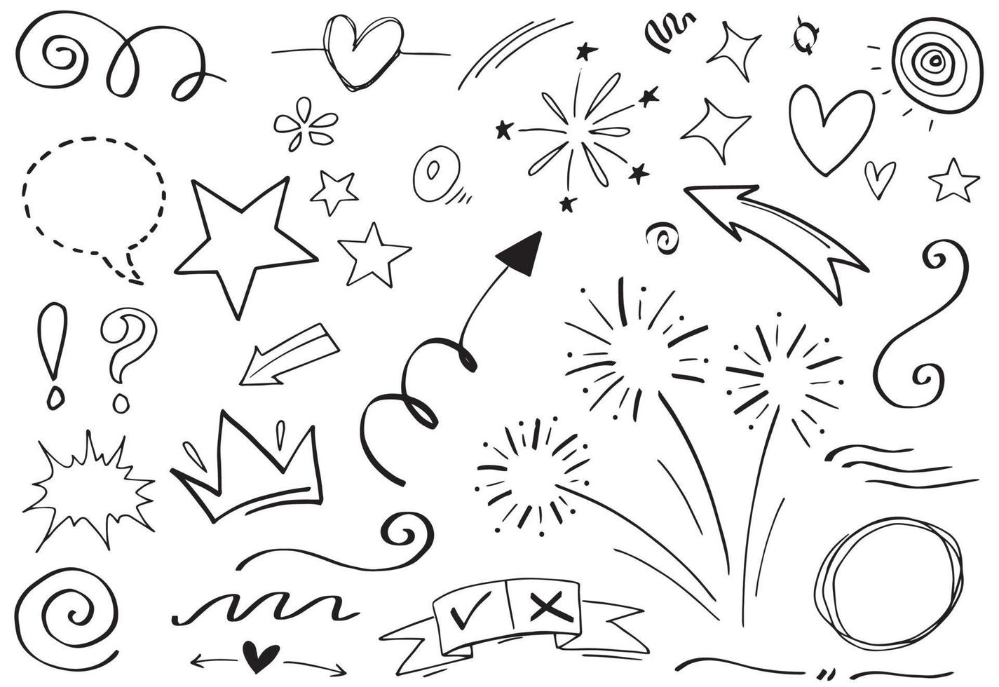 Abstract arrows, ribbons, crowns, hearts, explosions and other elements in hand drawn style for concept design. Doodle illustration. Vector template for decoration