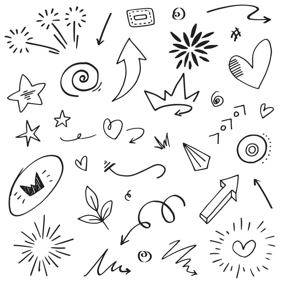 Abstract arrows, ribbons, crowns, hearts, explosions and other elements in hand drawn style for concept design. Doodle illustration. Vector template for decoration