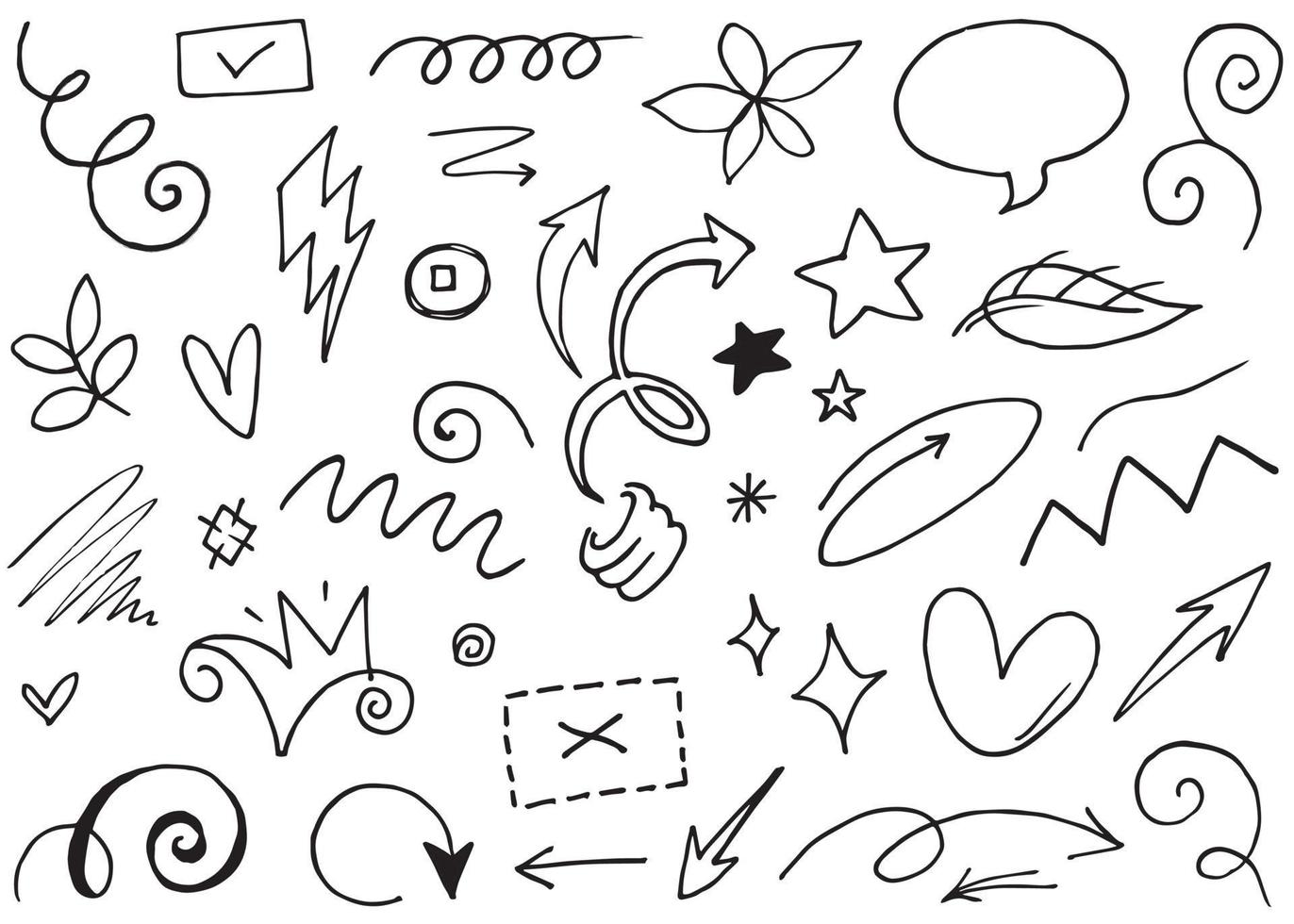 Abstract arrows, ribbons, crowns, hearts, explosions and other elements in hand drawn style for concept design. Doodle illustration. Vector template for decoration