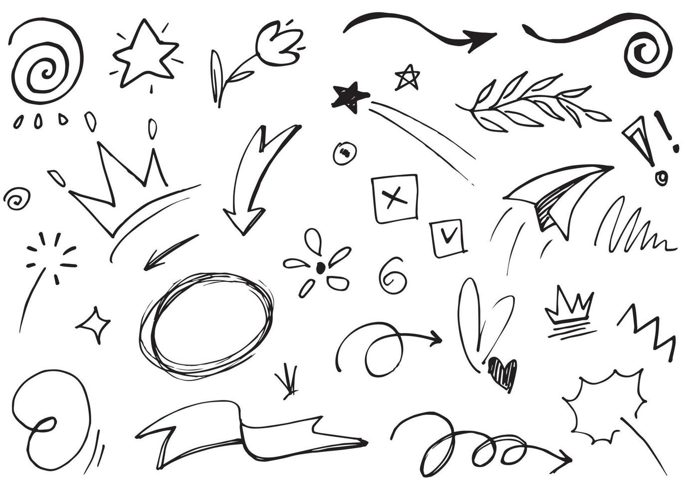 Abstract arrows, ribbons, crowns, hearts, explosions and other elements in hand drawn style for concept design. Doodle illustration. Vector template for decoration