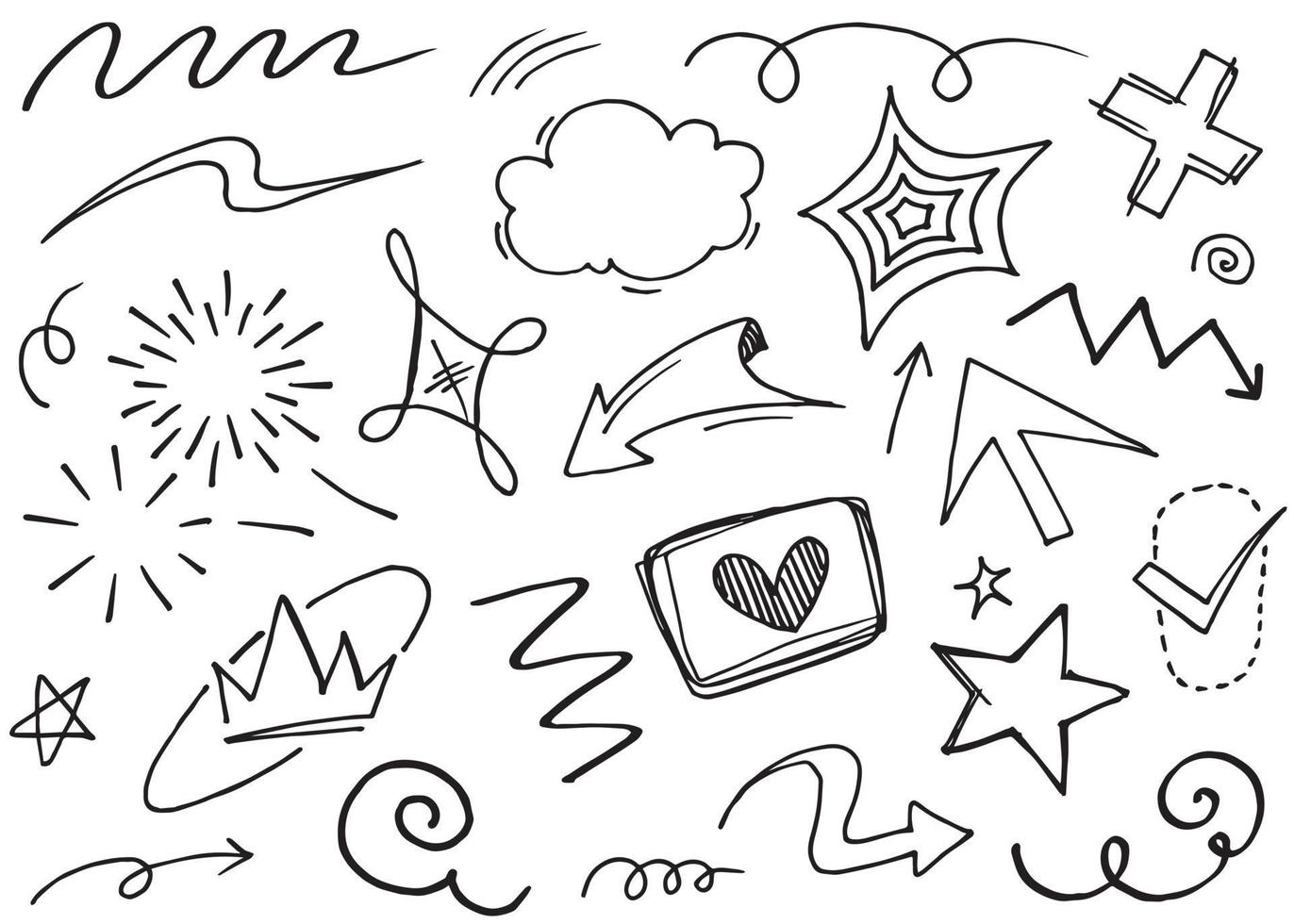 Abstract arrows, ribbons, crowns, hearts, explosions and other elements in hand drawn style for concept design. Doodle illustration. Vector template for decoration