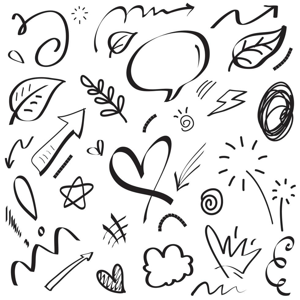 Abstract arrows, ribbons, crowns, hearts, explosions and other elements in hand drawn style for concept design. Doodle illustration. Vector template for decoration