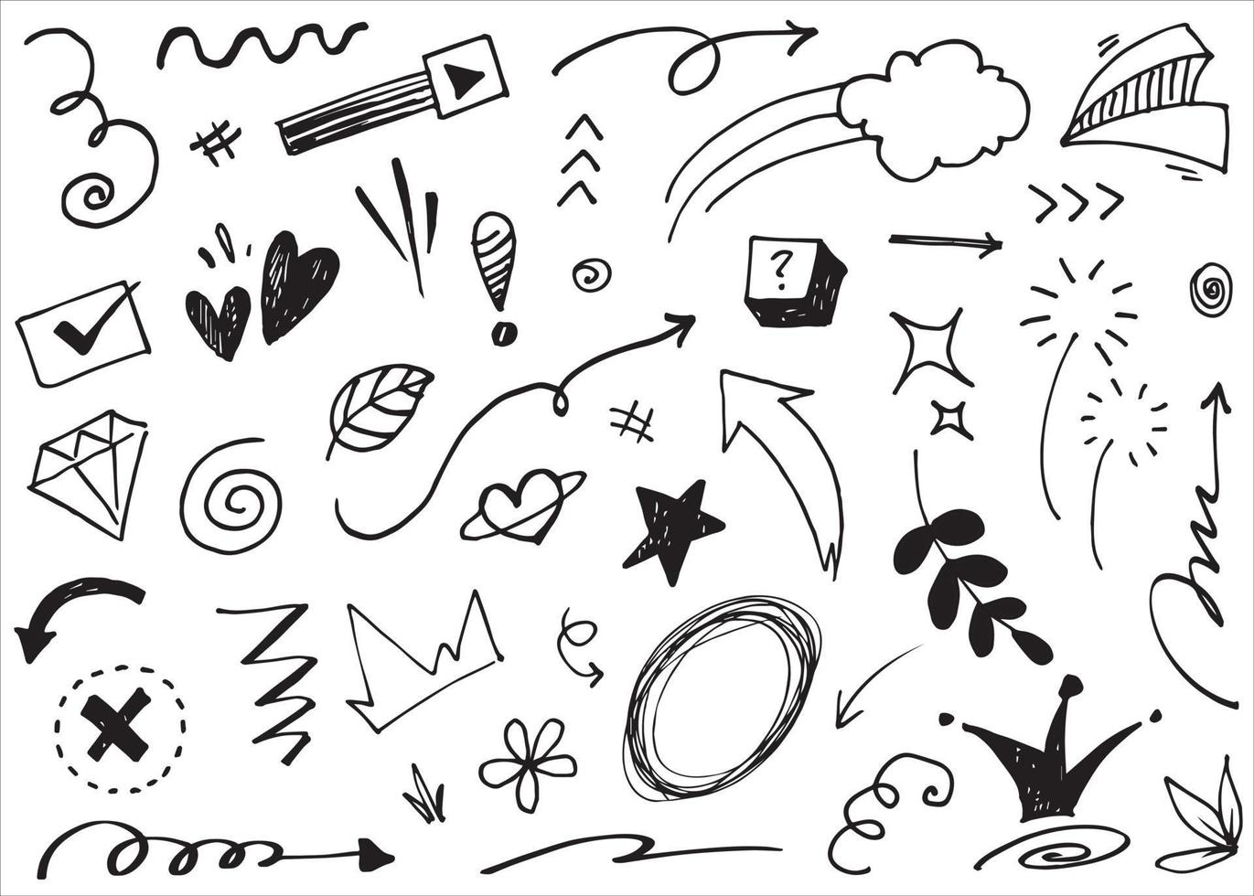 Abstract arrows, ribbons, crowns, hearts, explosions and other elements in hand drawn style for concept design. Doodle illustration. Vector template for decoration